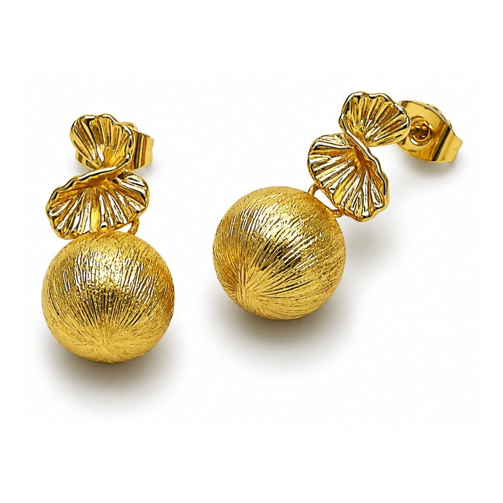 Oro Laminado Dangle Earring, Gold Filled Style Ball and Hollow Design, Brushed Finish, Golden Finish