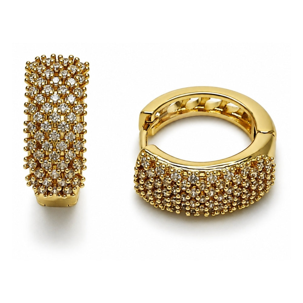 Oro Laminado Huggie Hoop, Gold Filled Style Heart Design, with White Cubic Zirconia, Polished, Golden Finish