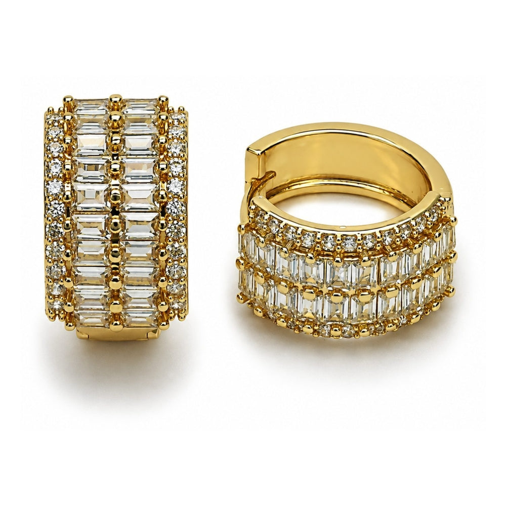 Oro Laminado Huggie Hoop, Gold Filled Style Baguette Design, with White Cubic Zirconia, Polished, Golden Finish