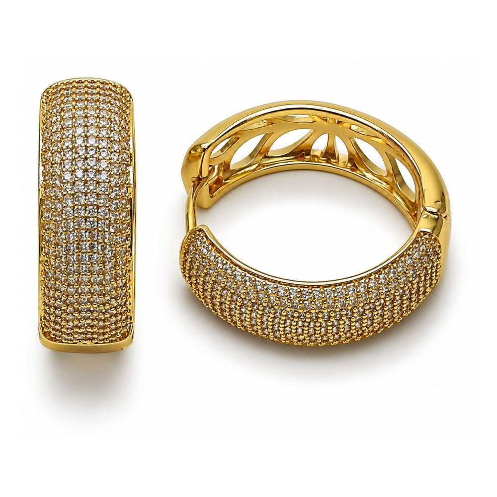 Oro Laminado Huggie Hoop, Gold Filled Style with White Micro Pave, Polished, Golden Finish