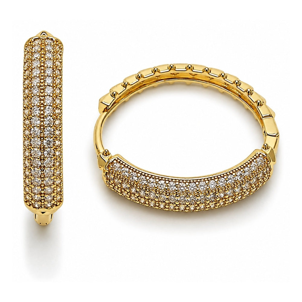 Oro Laminado Huggie Hoop, Gold Filled Style with White Cubic Zirconia, Polished, Golden Finish
