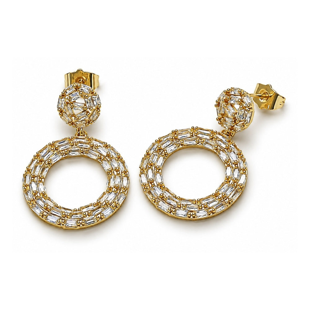Oro Laminado Dangle Earring, Gold Filled Style Baguette and Cluster Design, with White Cubic Zirconia, Polished, Golden Finish