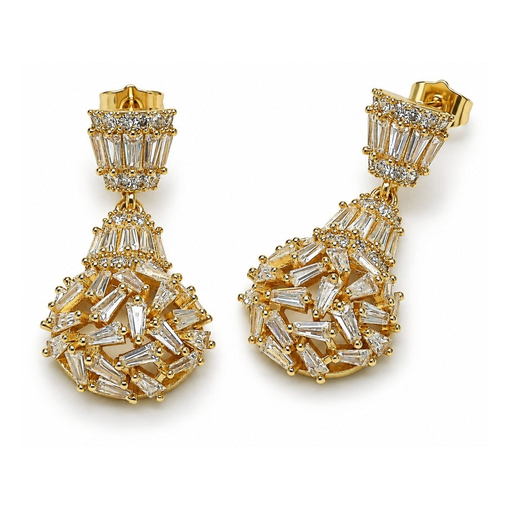 Oro Laminado Dangle Earring, Gold Filled Style Teardrop and Baguette Design, with White Cubic Zirconia, Polished, Golden Finish