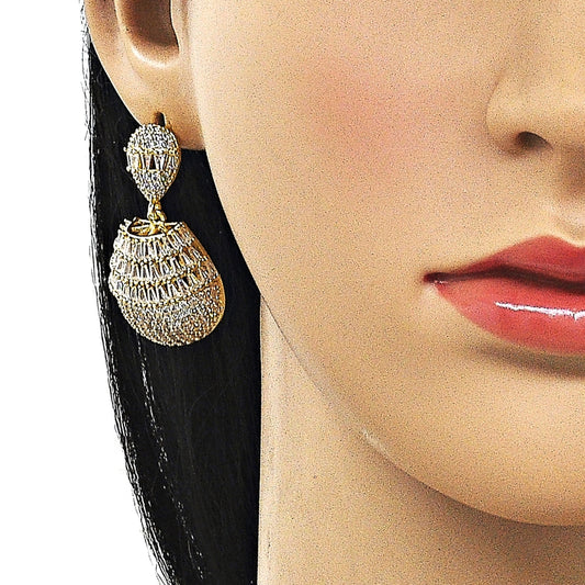 Oro Laminado Dangle Earring, Gold Filled Style Teardrop and Baguette Design, with White Cubic Zirconia, Polished, Golden Finish