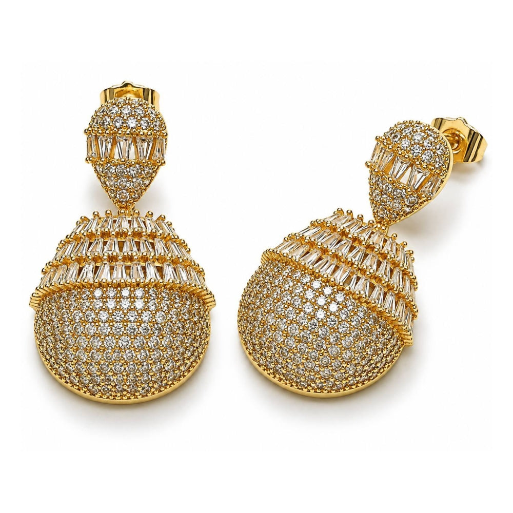 Oro Laminado Dangle Earring, Gold Filled Style Teardrop and Baguette Design, with White Cubic Zirconia, Polished, Golden Finish