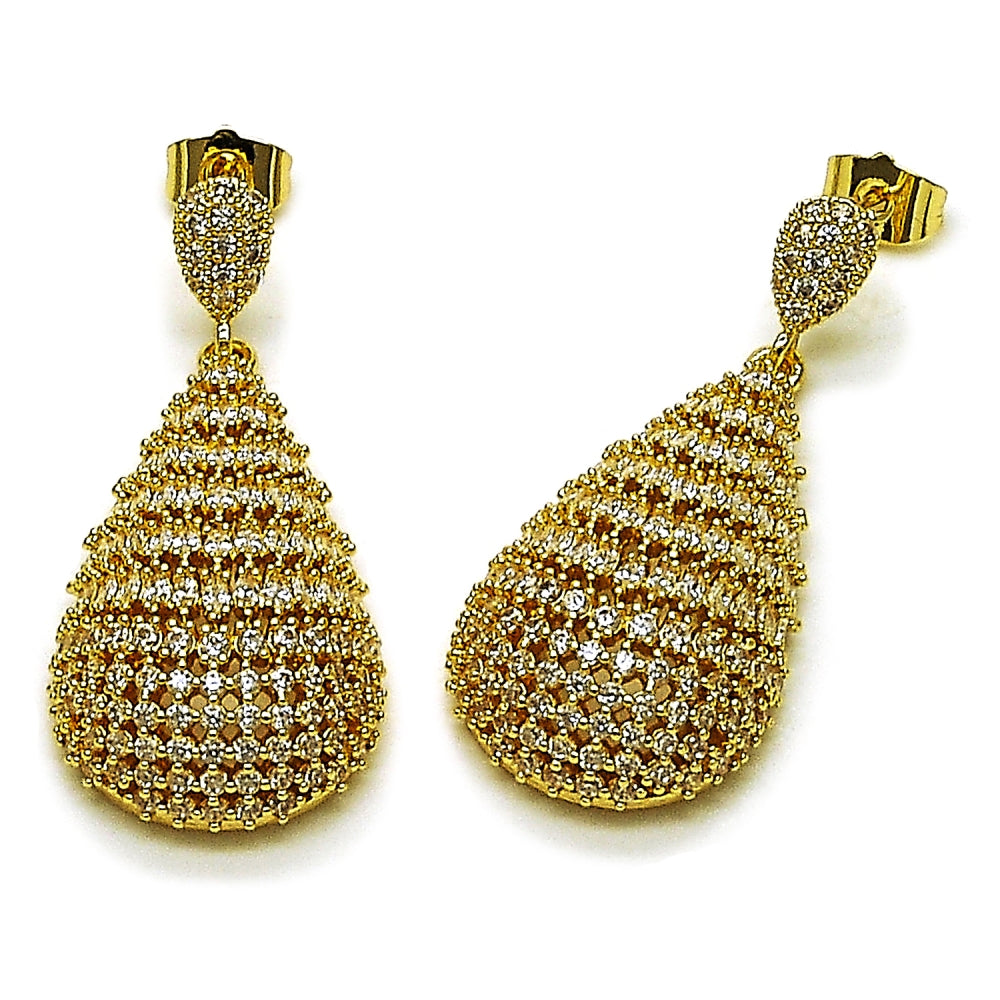Oro Laminado Dangle Earring, Gold Filled Style Teardrop Design, with White Cubic Zirconia, Polished, Golden Finish