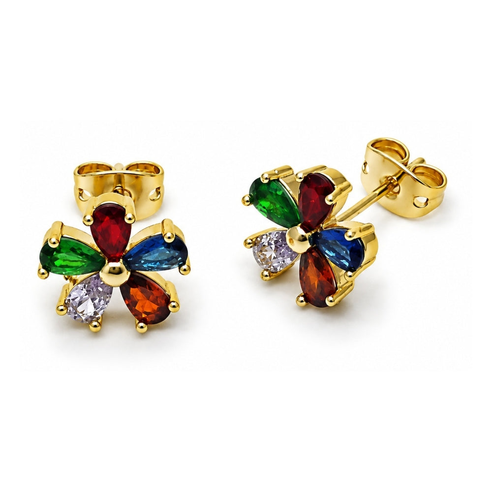 Oro Laminado Stud Earring, Gold Filled Style Flower Design, with Multicolor Cubic Zirconia, Polished, Golden Finish
