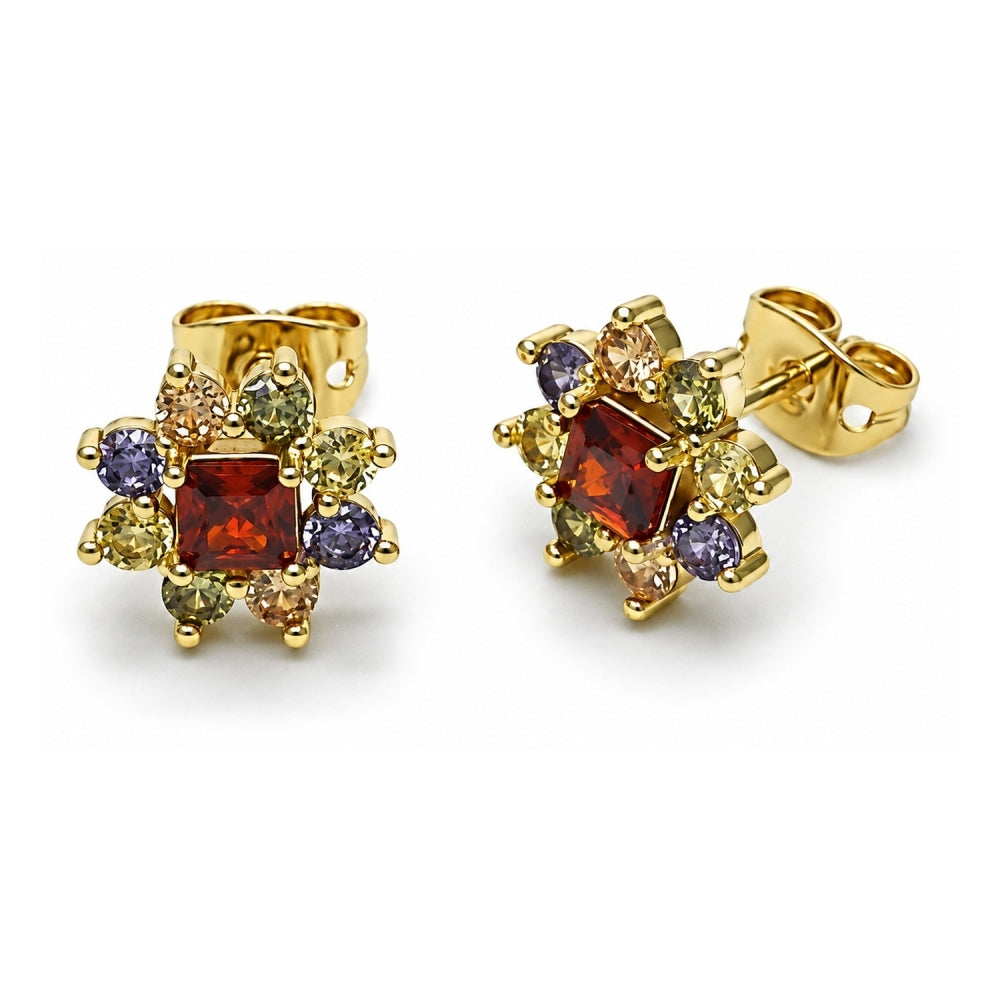 Oro Laminado Stud Earring, Gold Filled Style Flower Design, with Multicolor Cubic Zirconia, Polished, Golden Finish