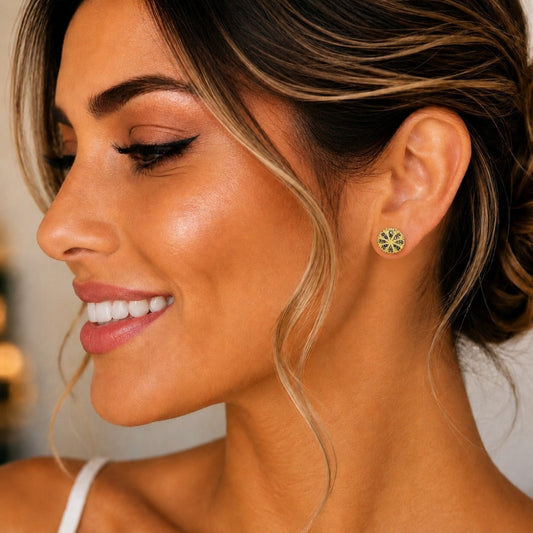 Oro Laminado Stud Earring, Gold Filled Style Flower Design, with Multicolor Micro Pave, Polished, Golden Finish