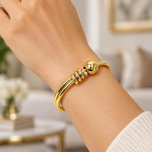 Oro Laminado Individual Bangle, Gold Filled Style Ball Design, Polished, Golden Finish
