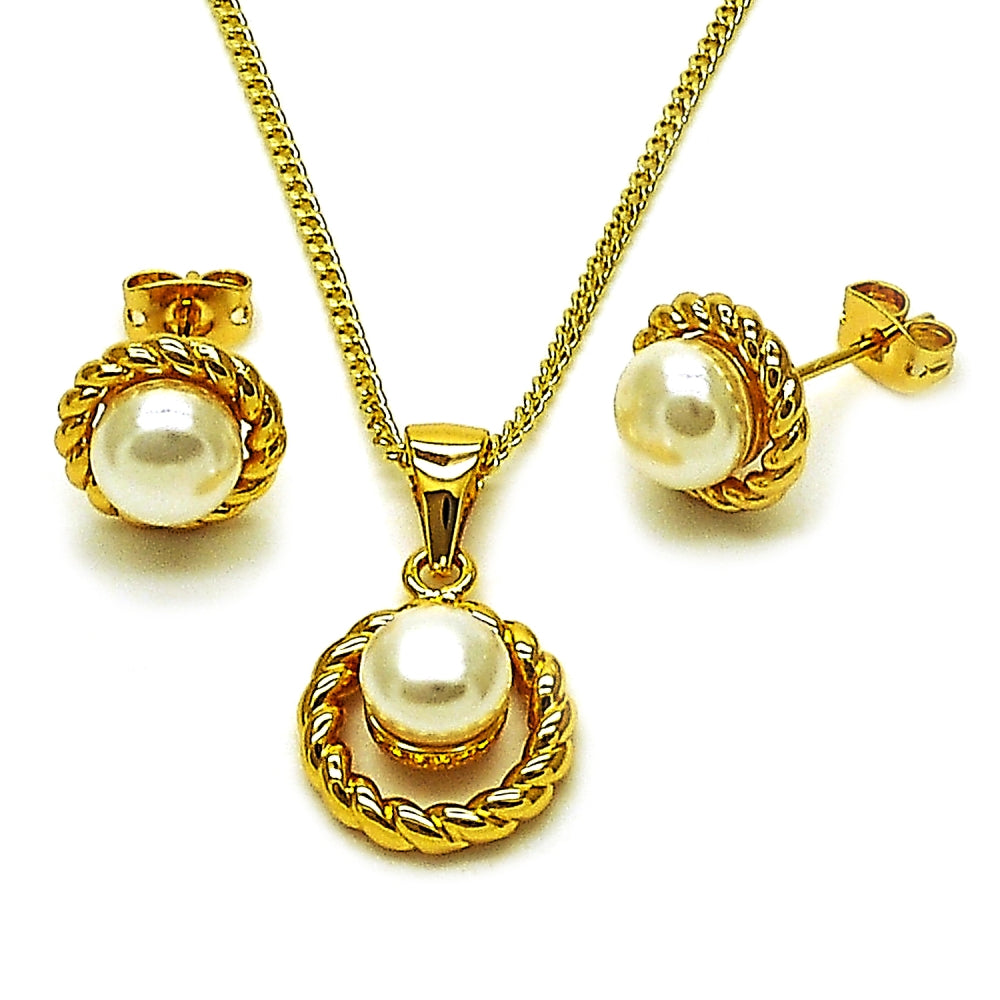 Oro Laminado Earring and Pendant Adult Set, Gold Filled Style Ball and Twist Design, with Ivory Pearl, Polished, Golden Finish