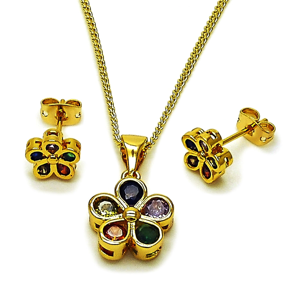 Oro Laminado Earring and Pendant Adult Set, Gold Filled Style Flower Design, with Multicolor Cubic Zirconia, Polished, Golden Finish