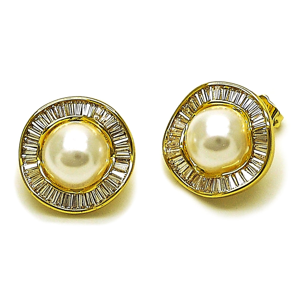 Oro Laminado Stud Earring, Gold Filled Style Cluster and Baguette Design, with White Cubic Zirconia and Ivory Pearl, Polished, Golden Finish
