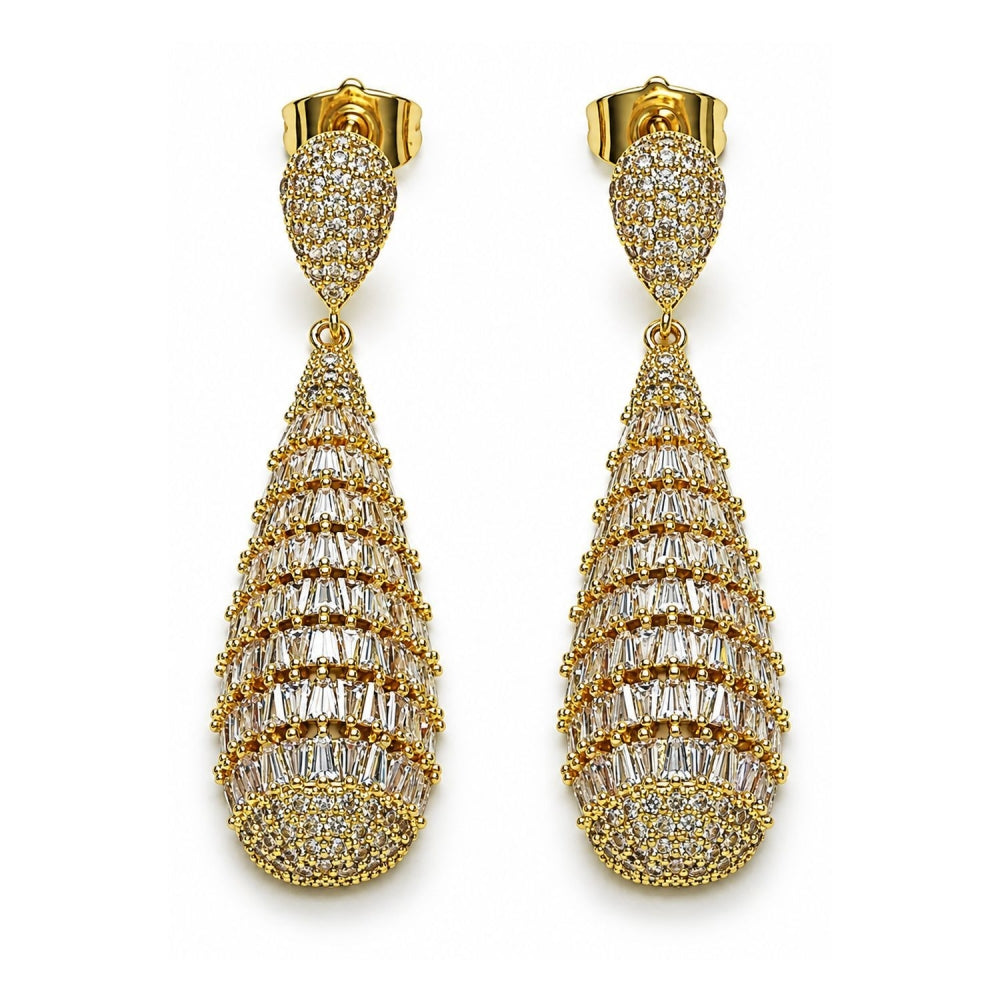Oro Laminado Dangle Earring, Gold Filled Style Teardrop and Baguette Design, with White Cubic Zirconia, Polished, Golden Finish