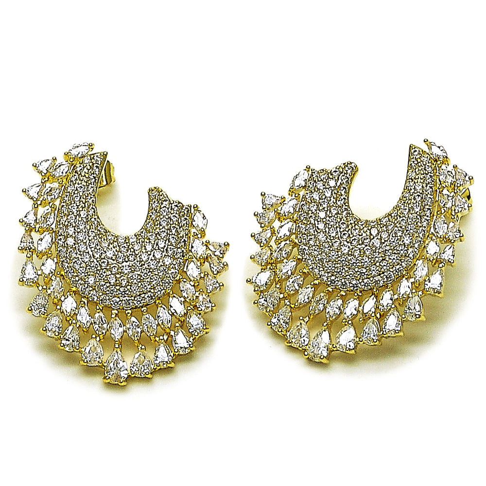 Oro Laminado Stud Earring, Gold Filled Style Teardrop Design, with White Cubic Zirconia, Polished, Golden Finish
