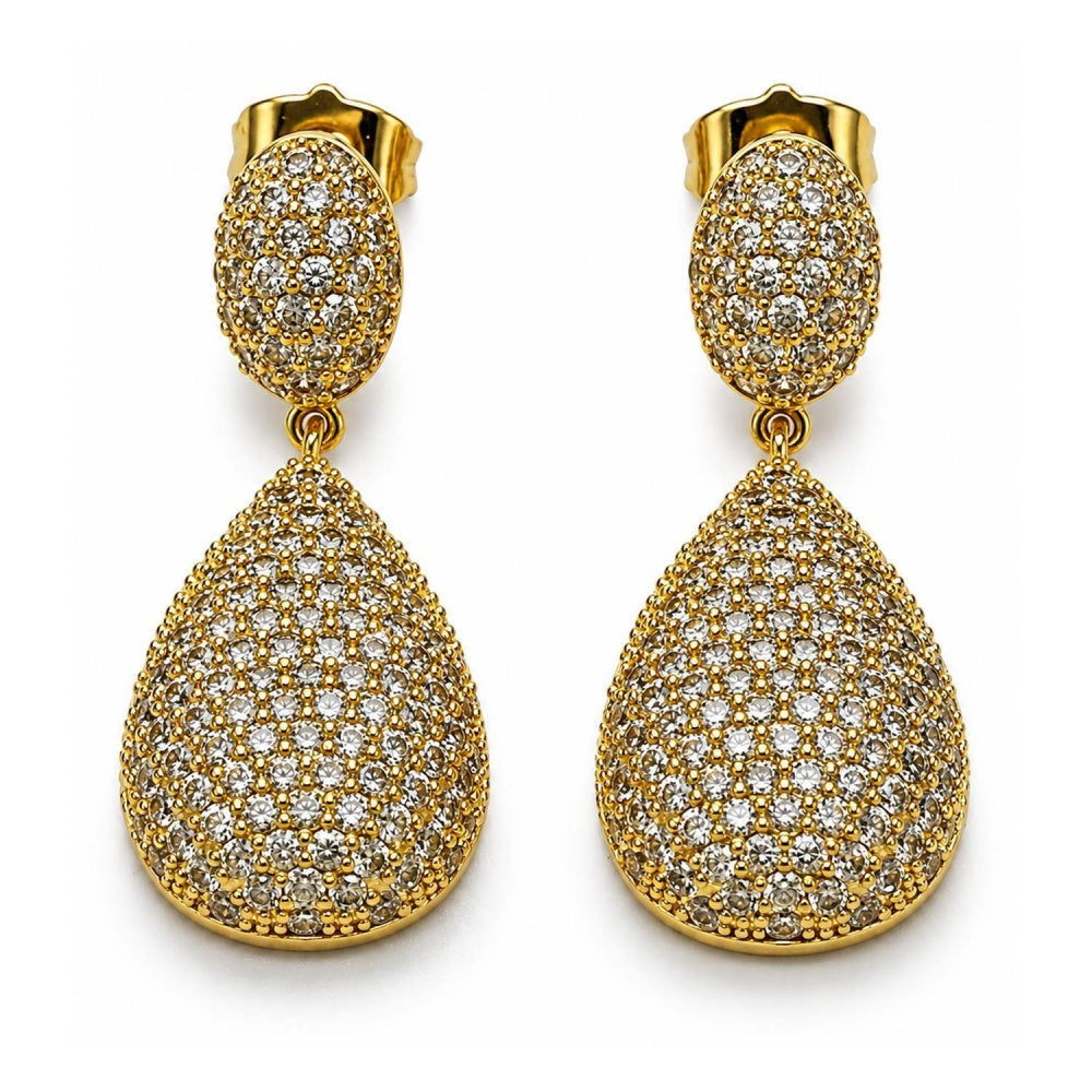 Oro Laminado Dangle Earring, Gold Filled Style Teardrop Design, with White Cubic Zirconia, Polished, Golden Finish