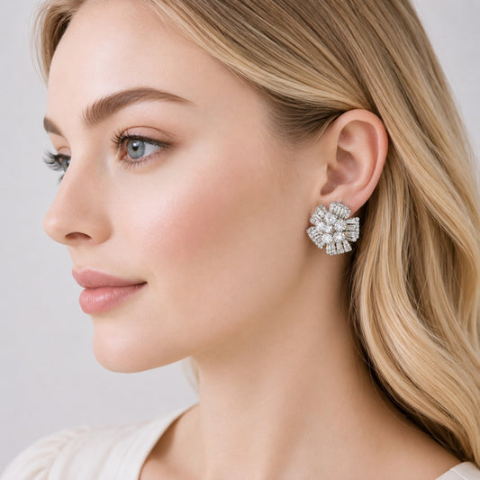 Oro Laminado Stud Earring, Gold Filled Style Flower and Baguette Design, with White Cubic Zirconia, Polished, Golden Finish