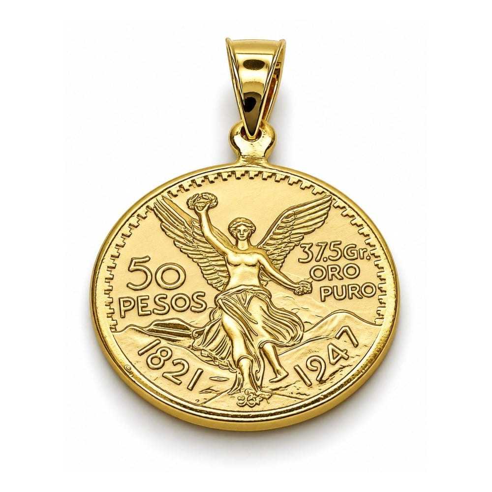 Oro Laminado Religious Pendant, Gold Filled Style Coin and Centenario Coin Design, Polished, Golden Finish
