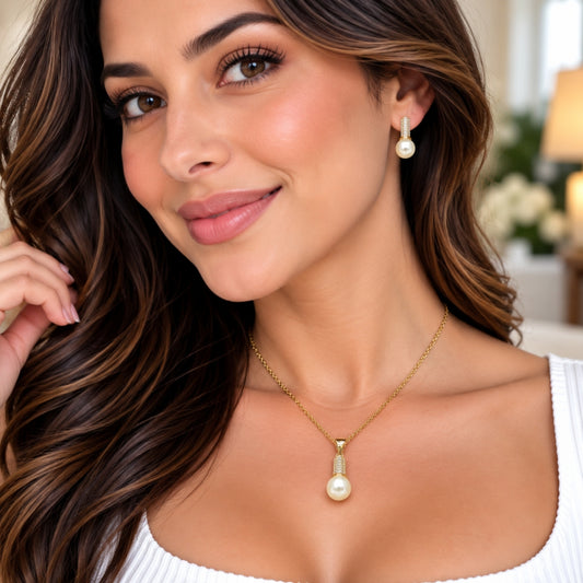 Oro Laminado Earring and Pendant Adult Set, Gold Filled Style Ball Design, with Ivory Pearl and White Micro Pave, Diamond Cutting Finish, Golden Finish