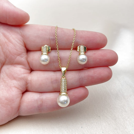 Oro Laminado Earring and Pendant Adult Set, Gold Filled Style Ball Design, with Ivory Pearl and White Micro Pave, Diamond Cutting Finish, Golden Finish