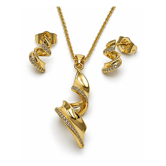 Oro Laminado Earring and Pendant Adult Set, Gold Filled Style Twist Design, with White Micro Pave, Polished, Golden Finish