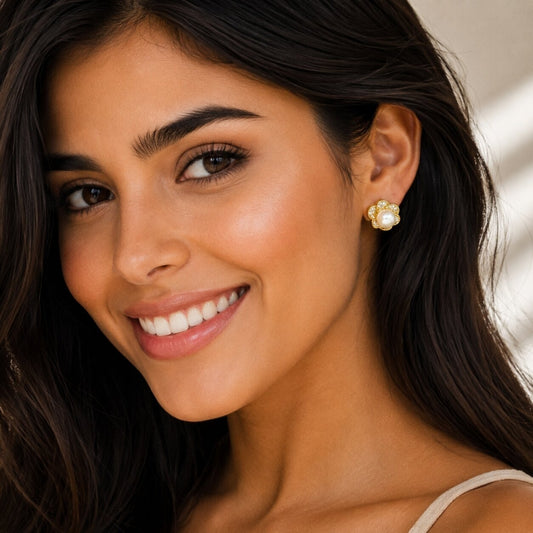 Oro Laminado Stud Earring, Gold Filled Style Flower and Cluster Design, with Ivory Pearl and White Micro Pave, Polished, Golden Finish
