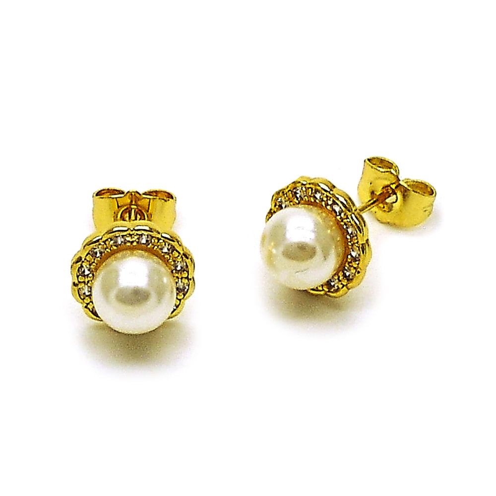 Oro Laminado Stud Earring, Gold Filled Style Flower and Cluster Design, with Ivory Pearl and White Cubic Zirconia, Polished, Golden Finish