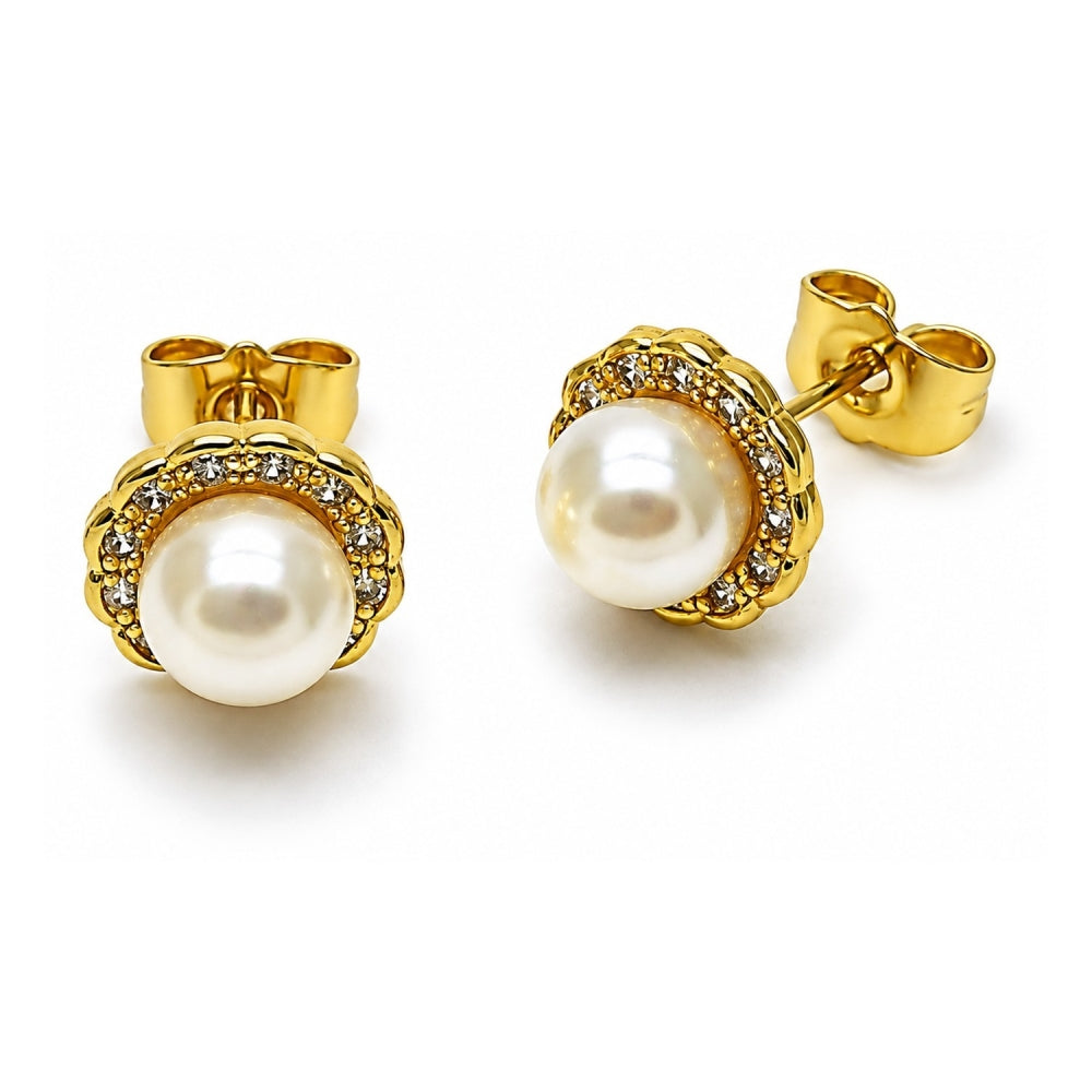 Oro Laminado Stud Earring, Gold Filled Style Flower and Cluster Design, with Ivory Pearl and White Cubic Zirconia, Polished, Golden Finish