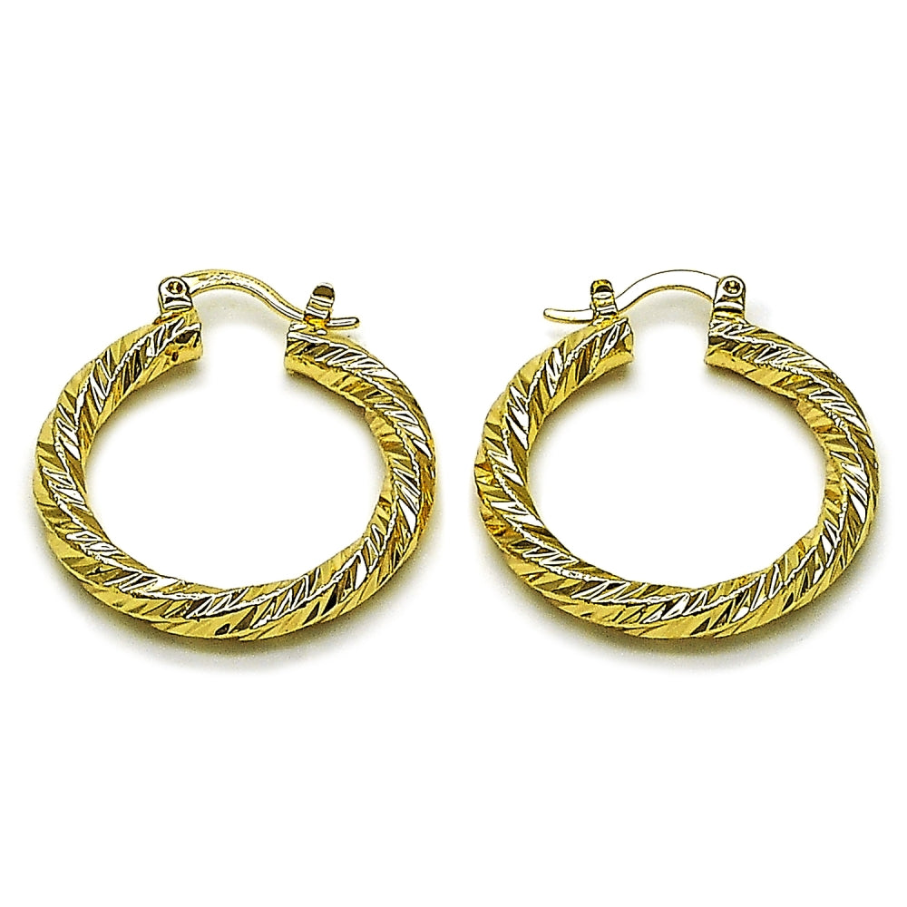 Oro Laminado Medium Hoop, Gold Filled Style Twist Design, Diamond Cutting Finish, Golden Finish