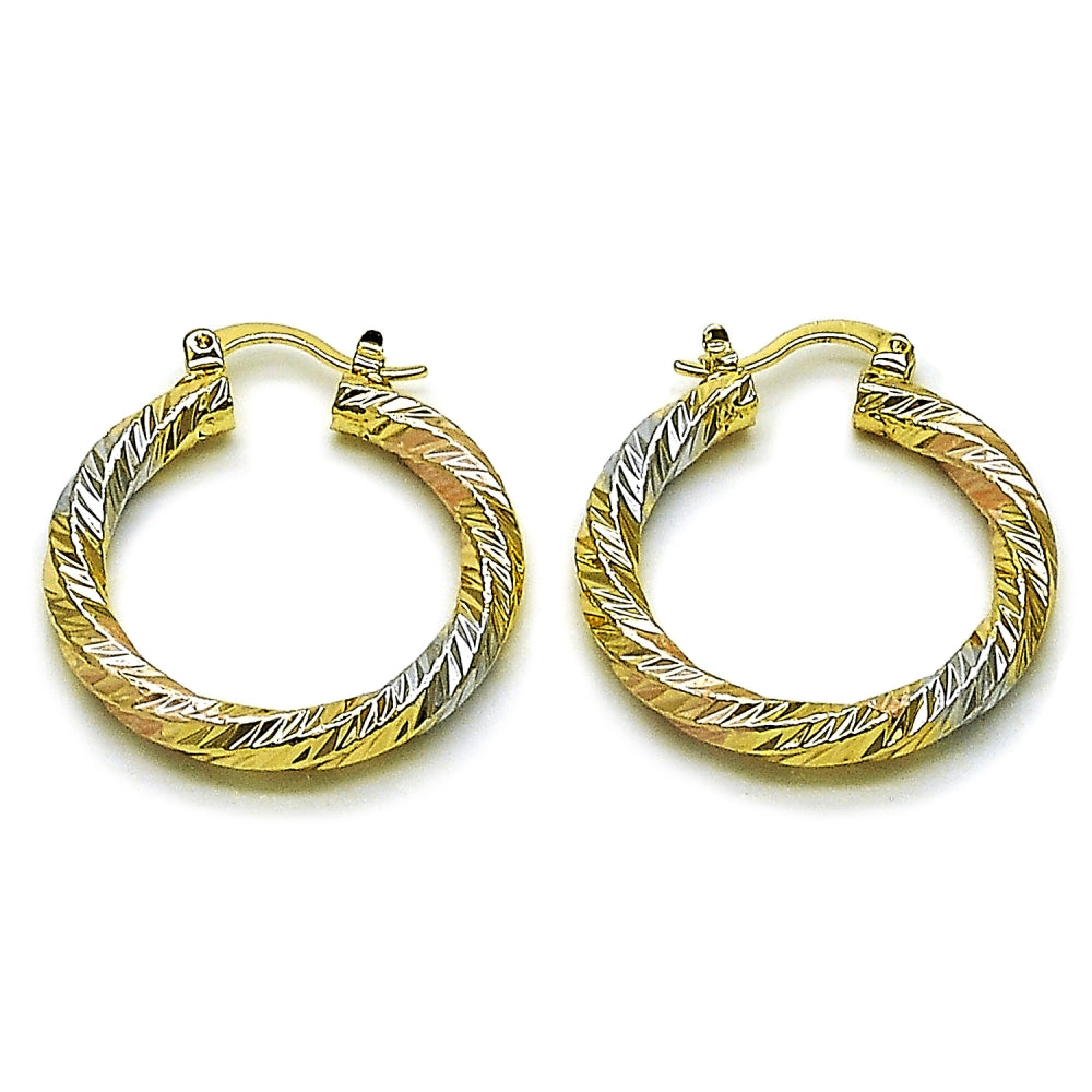 Oro Laminado Medium Hoop, Gold Filled Style Twist Design, Diamond Cutting Finish, Tricolor