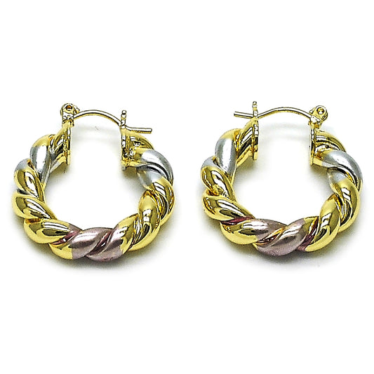 Oro Laminado Small Hoop, Gold Filled Style Twist and Hollow Design, Polished, Tricolor