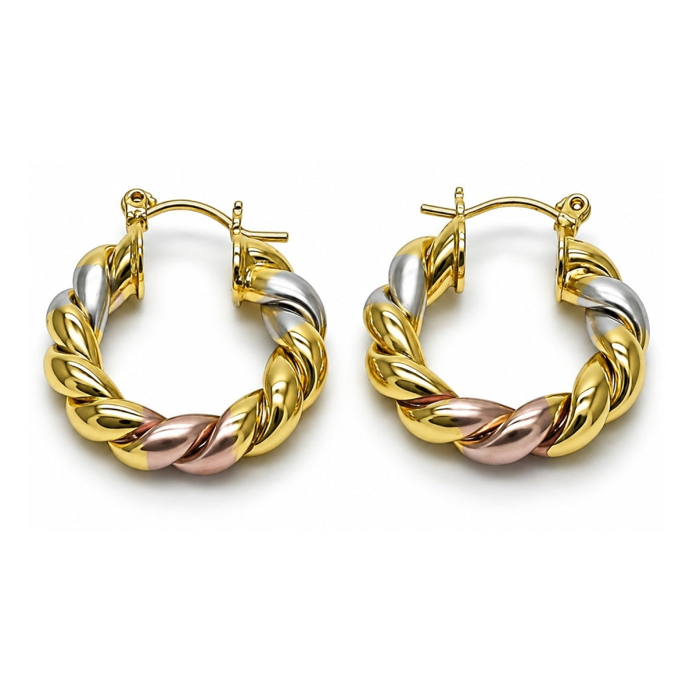 Oro Laminado Small Hoop, Gold Filled Style Twist and Hollow Design, Polished, Tricolor