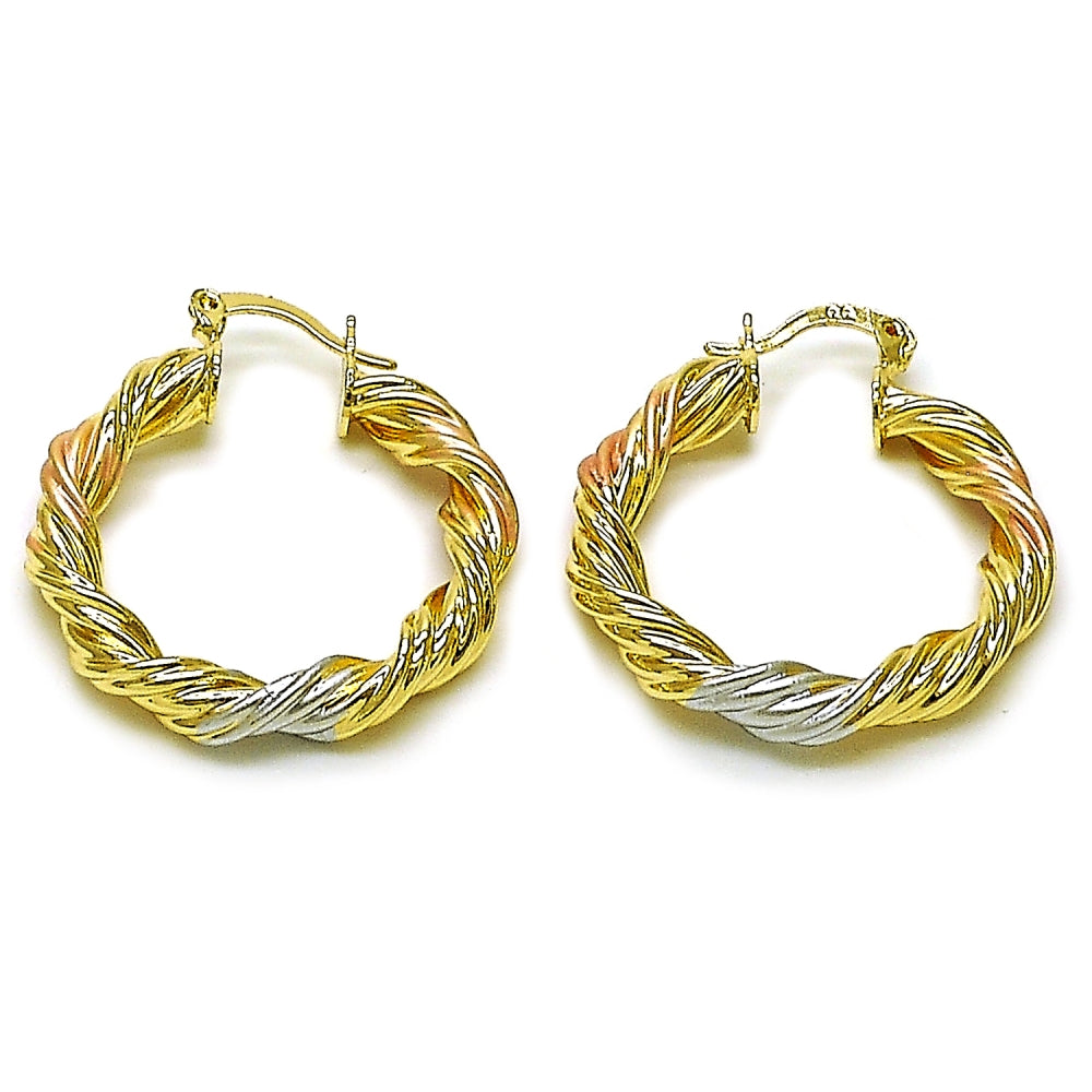 Oro Laminado Medium Hoop, Gold Filled Style Twist and Hollow Design, Polished, Tricolor