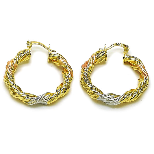 Oro Laminado Medium Hoop, Gold Filled Style Twist and Hollow Design, Polished, Tricolor
