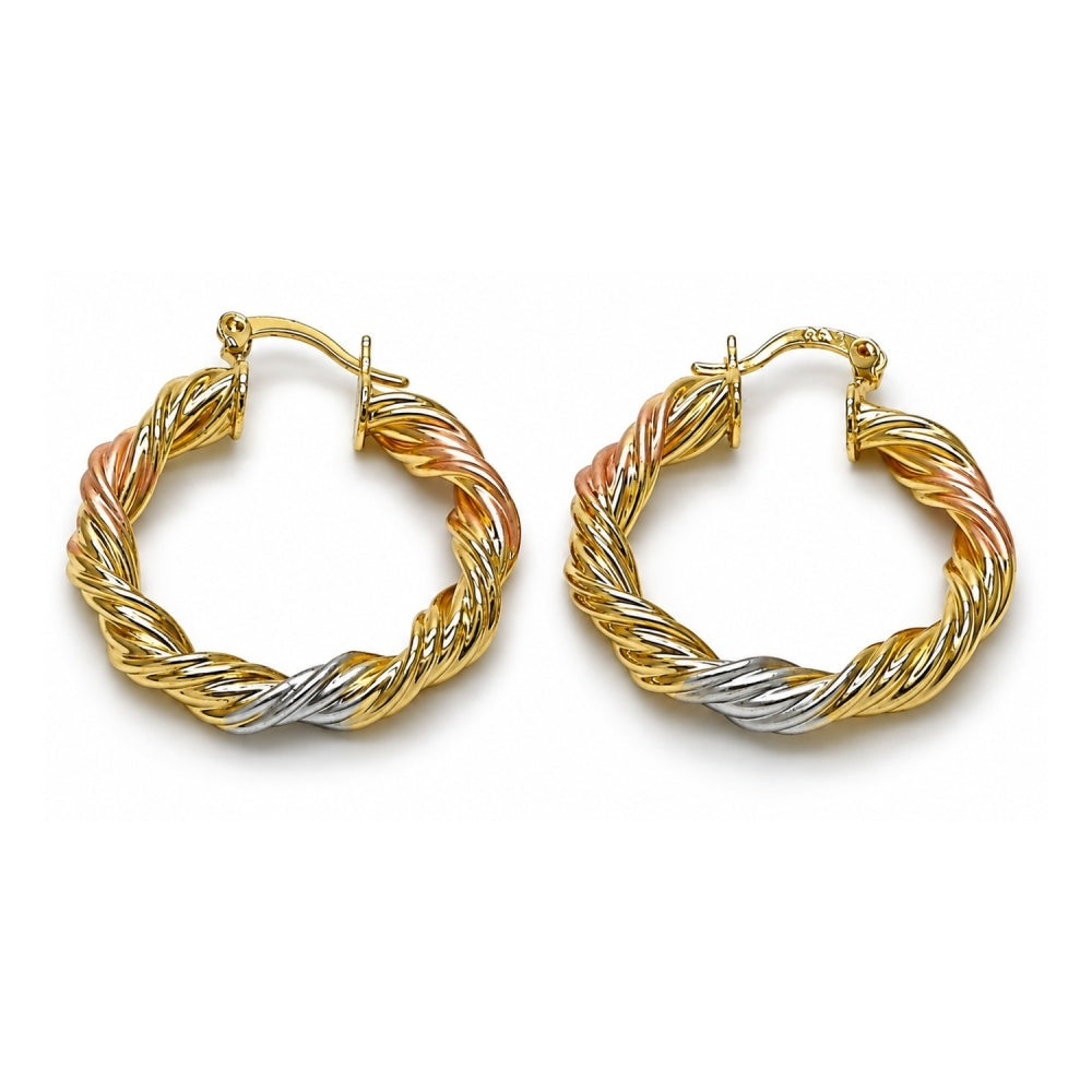 Oro Laminado Medium Hoop, Gold Filled Style Twist and Hollow Design, Polished, Tricolor