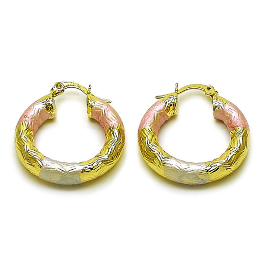Oro Laminado Medium Hoop, Gold Filled Style Hollow Design, Diamond Cutting Finish, Tricolor