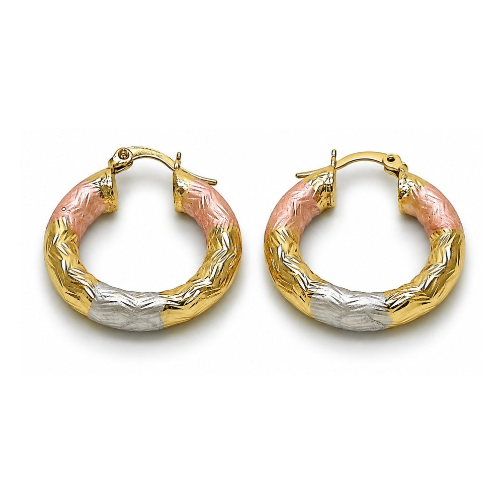 Oro Laminado Medium Hoop, Gold Filled Style Hollow Design, Diamond Cutting Finish, Tricolor