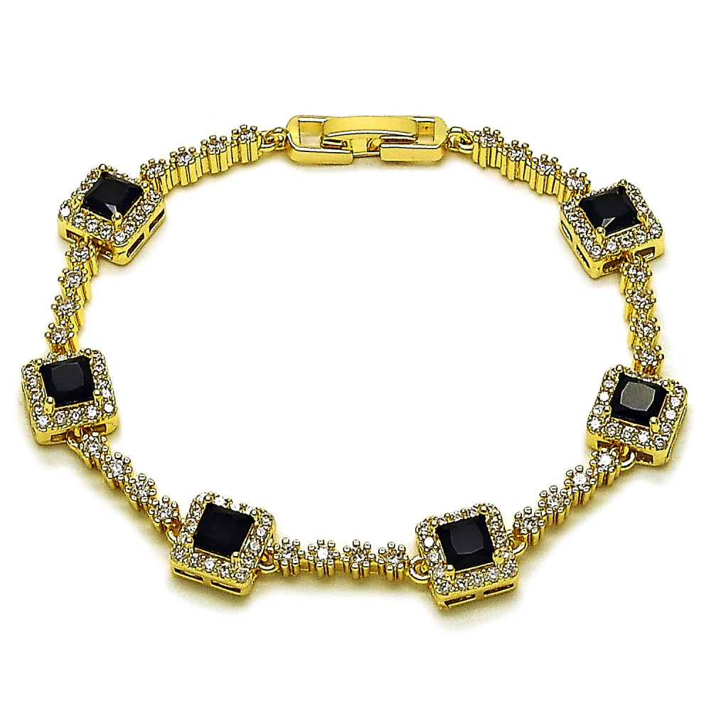 Oro Laminado Tennis Bracelet, Gold Filled Style Cluster Design, with Black and White Cubic Zirconia, Polished, Golden Finish