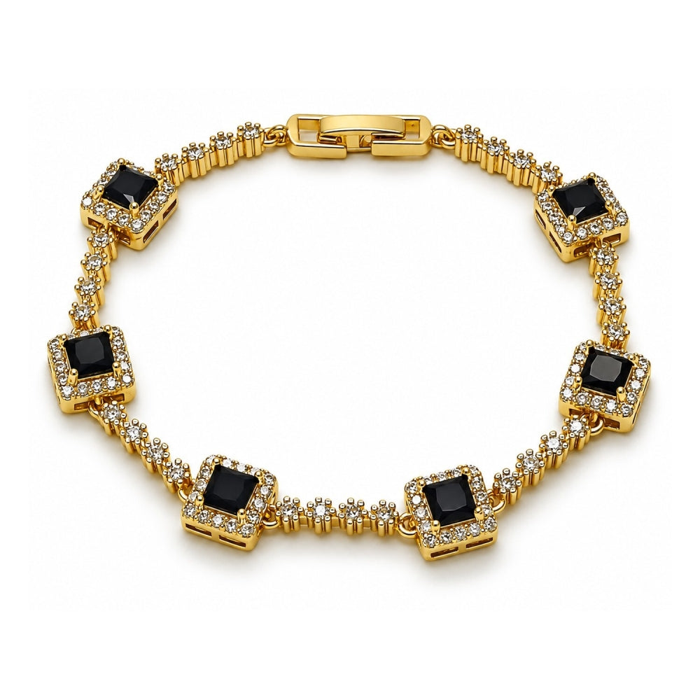 Oro Laminado Tennis Bracelet, Gold Filled Style Cluster Design, with Black and White Cubic Zirconia, Polished, Golden Finish