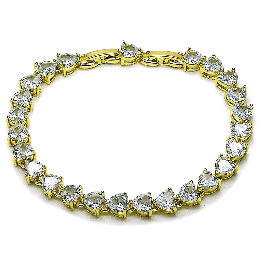 Oro Laminado Tennis Bracelet, Gold Filled Style Heart Design, with White Cubic Zirconia, Polished, Golden Finish