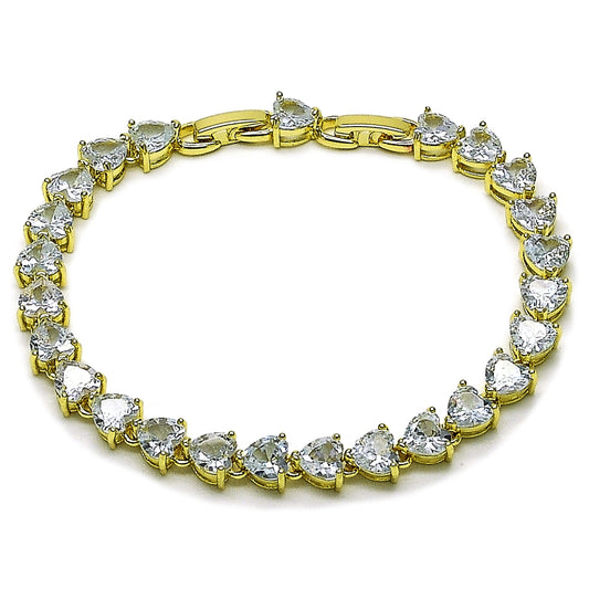 Oro Laminado Tennis Bracelet, Gold Filled Style Heart Design, with White Cubic Zirconia, Polished, Golden Finish