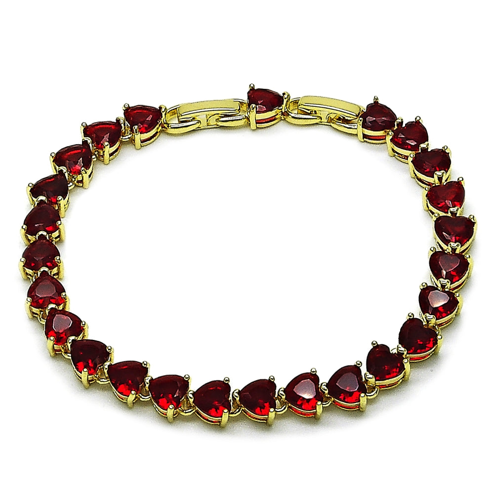 Oro Laminado Tennis Bracelet, Gold Filled Style Heart Design, with Garnet Cubic Zirconia, Polished, Golden Finish