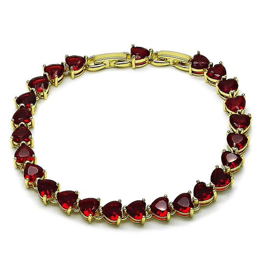 Oro Laminado Tennis Bracelet, Gold Filled Style Heart Design, with Garnet Cubic Zirconia, Polished, Golden Finish