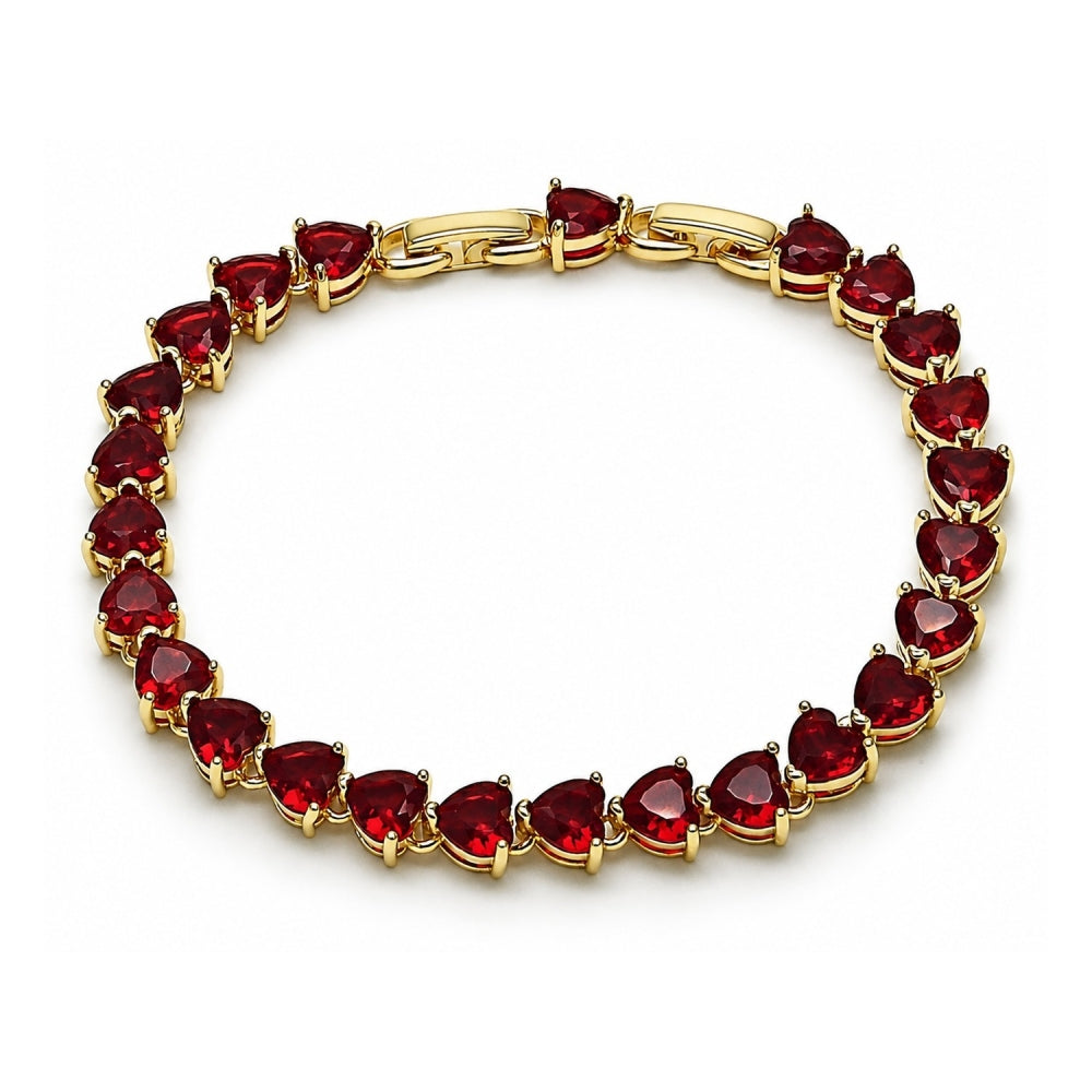 Oro Laminado Tennis Bracelet, Gold Filled Style Heart Design, with Garnet Cubic Zirconia, Polished, Golden Finish