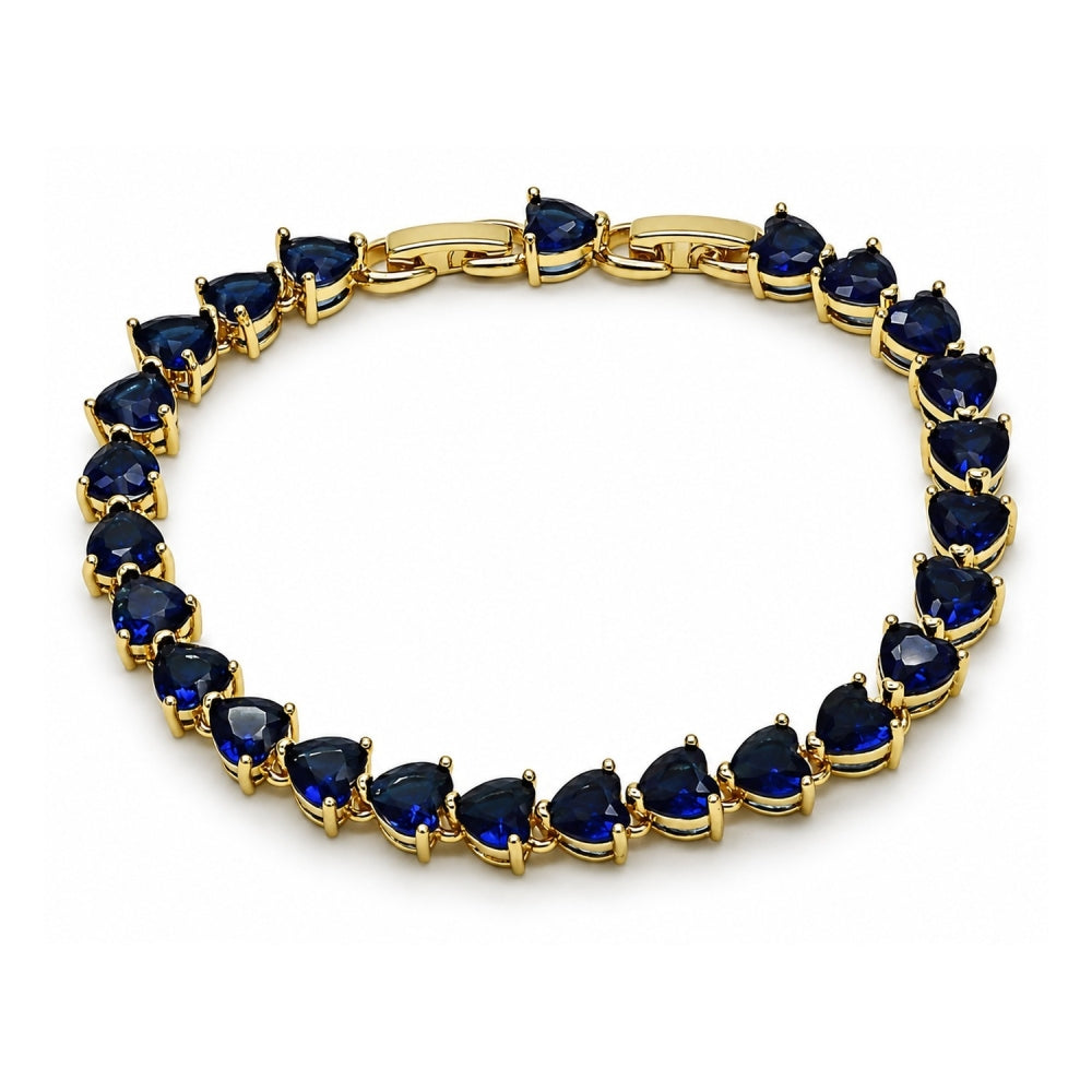 Oro Laminado Tennis Bracelet, Gold Filled Style Heart Design, with Sapphire Blue Cubic Zirconia, Polished, Golden Finish
