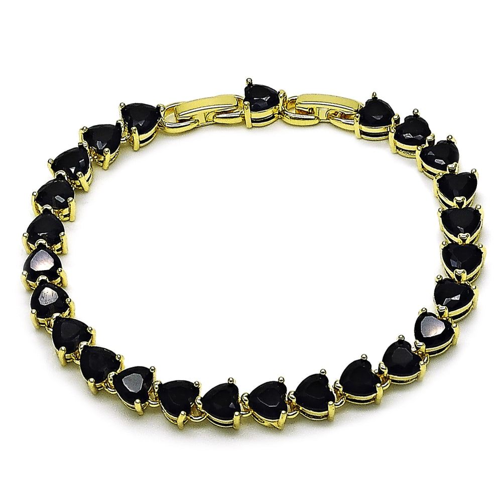 Oro Laminado Tennis Bracelet, Gold Filled Style Heart Design, with Black Cubic Zirconia, Polished, Golden Finish