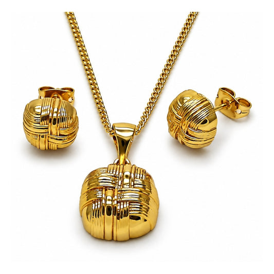 Oro Laminado Earring and Pendant Adult Set, Gold Filled Style Love Knot Design, Polished, Golden Finish