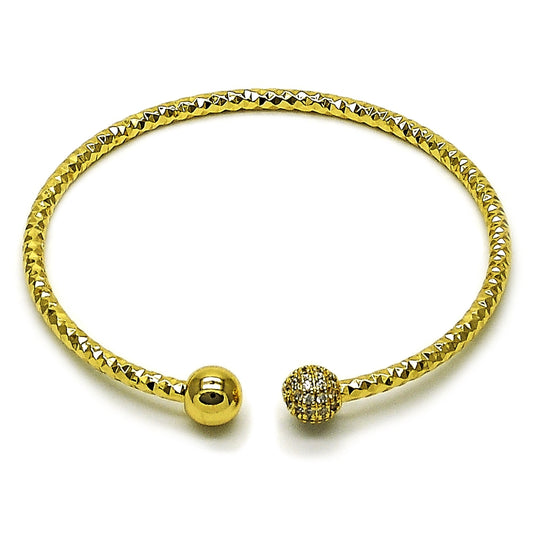 Oro Laminado Individual Bangle, Gold Filled Style Ball Design, with White Micro Pave, Diamond Cutting Finish, Golden Finish