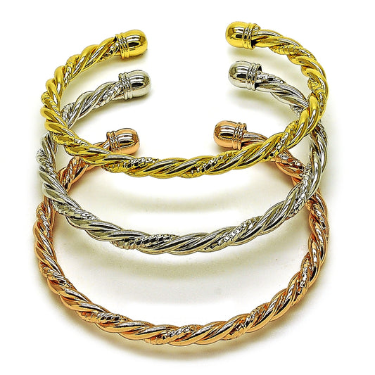 Oro Laminado Trio Bangle, Gold Filled Style Twist Design, Diamond Cutting Finish, Tricolor
