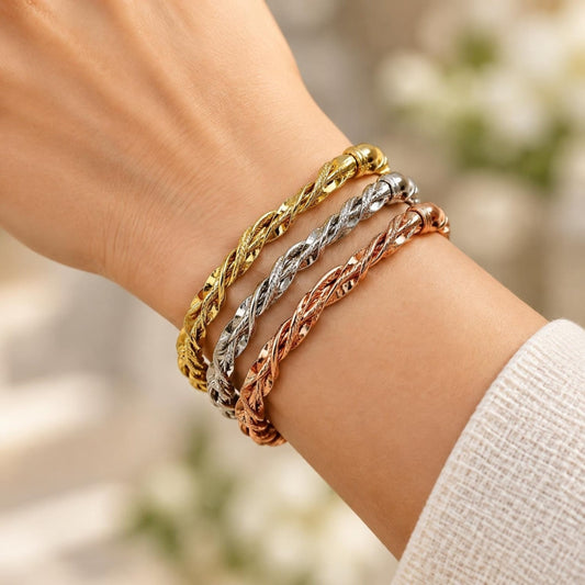 Oro Laminado Trio Bangle, Gold Filled Style Twist Design, Polished, Tricolor